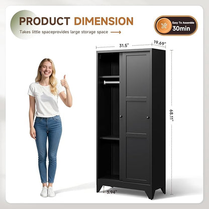 Letaya Armoire Wardrobe Closet,20" Deep Armoire Wardrobe Cabinets with Sliding Doors and Shelves,Narrow Slim Coat Closet Cabinet with Hanging Rod for Home(Black)