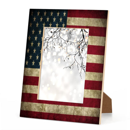 FengQuGou 4 x 6 in Picture Frame America Usa Flag, Rustic Solid Wood With Mat Wooden Photo Frames, Photo Frames for Wall Mounting or Standing Table Top Family Baby Grandma Office Hotel Decoration