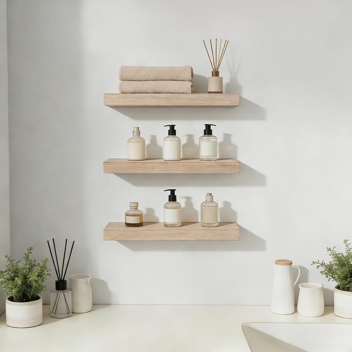 AHDECOR Floating Shelves, Wall Mounted Set of 3 Rustic Wooden Ledge Shelves Decorative for Bedroom, Office, Kitchen, Living Room - Sleek Design, Sturdy and Easy to Install
