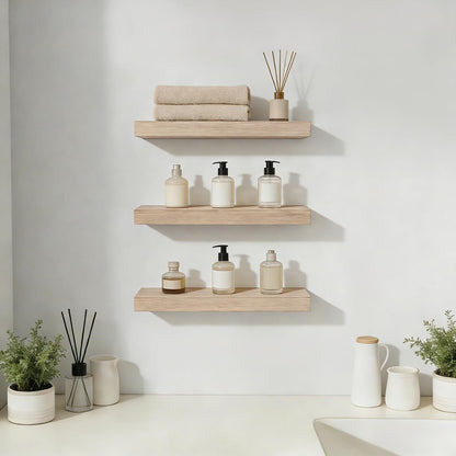 AHDECOR Floating Shelves, Wall Mounted Set of 3 Rustic Wooden Ledge Shelves Decorative for Bedroom, Office, Kitchen, Living Room - Sleek Design, Sturdy and Easy to Install