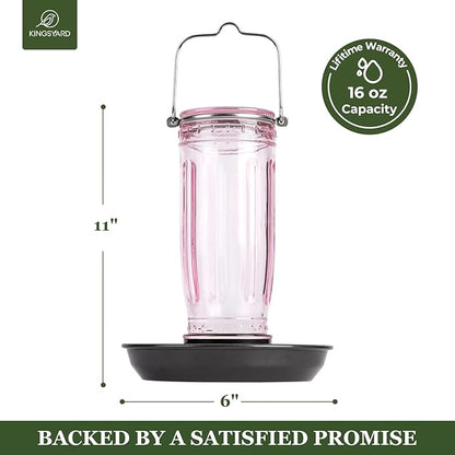 Kingsyard Glass Bird Water Dispenser for Outdoor, 16 Oz, Bird Water Feeder with Metal Hanging for Garden Yard Fence Decoration Hummingbird Cardinal Bluebird Finch, Pink