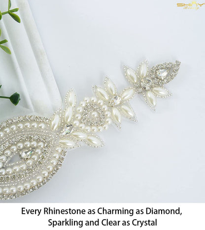 ShiDianYi Wedding Belt Applique Bridal Belt Rhinestone Applique Silver Wedding Dress Sash Belt Applique Crystal Rhinestone Off White Pearls…