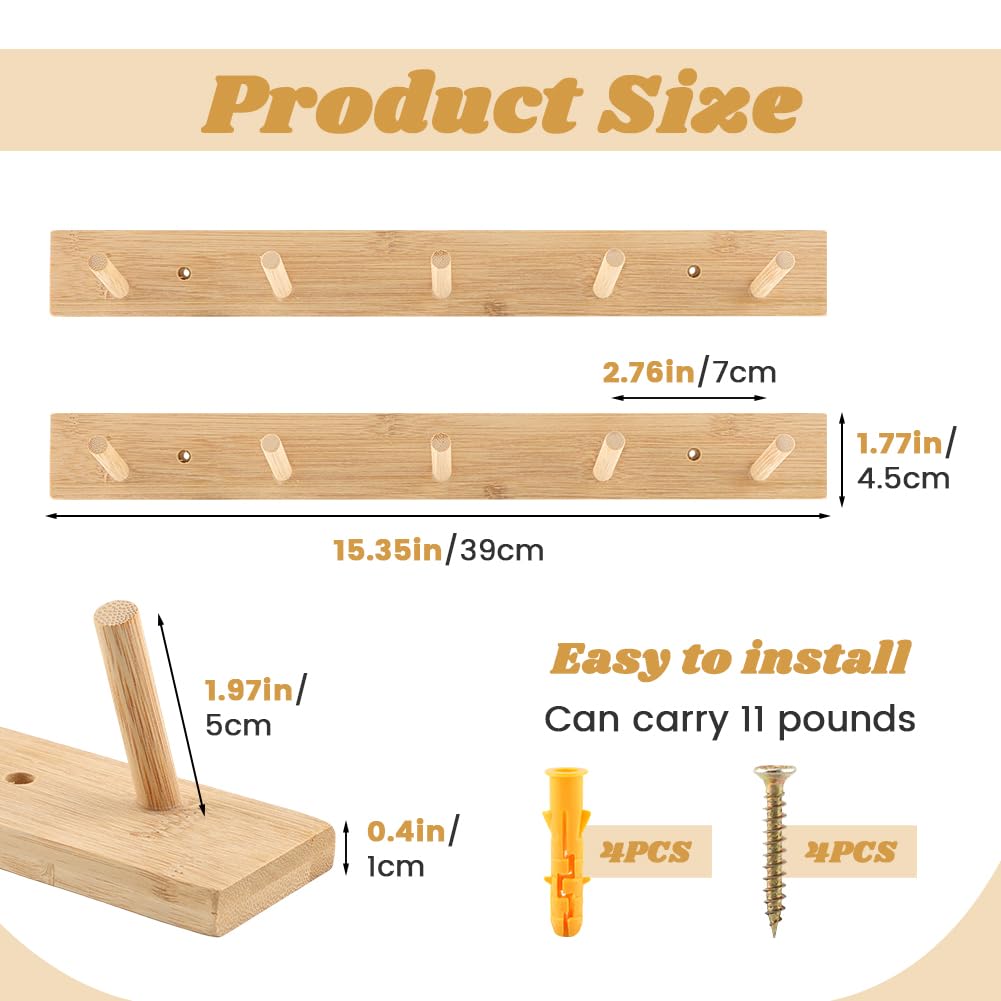Anscuto 2Pcs Wooden Wall Mounted Coat Rack, 15.35'' Coat Rack Wall Mount with 5 Hooks for Hats, Jacket, Robes, Towels(Color:Natural)