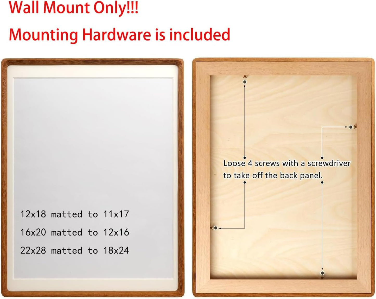 Husteria 16x20 Picture Frame in Natural Walnut Wood, Solid Wooden Photo Frames Matted to 12x16, Gallery Poster Frames for Wall Mount