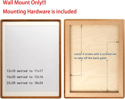 Husteria 16x20 Picture Frame in Natural Walnut Wood, Solid Wooden Photo Frames Matted to 12x16, Gallery Poster Frames for Wall Mount