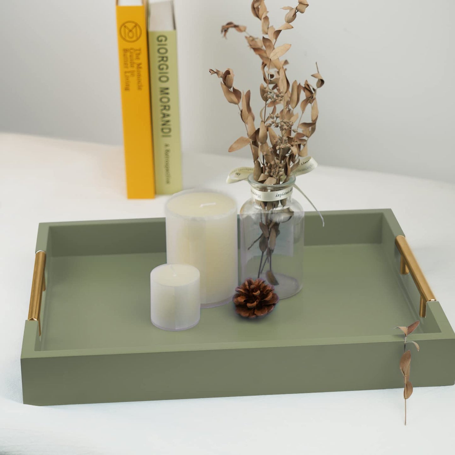 NELONY Wooden Decorative Coffee Table Tray, 16" Serving With Handles, Matte Finish, Ottoman for Living Room, Perfume, Vanity Dresser Organizer (Olive Green)
