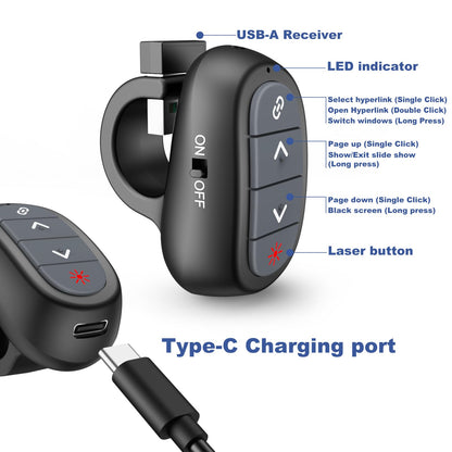 Presentation Clicker PowerPoint Wireless Presenter Remote: Laser Pointer Computer Clickers, Hyperlink Finger Ring Project Power Point PPT Clicker for Mac Laptop Office, Slideshow Google Slide Advancer