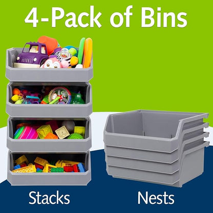ReadySpace Plastic Containers for Organizing and Storage Bins for Closet, Kitchen, Office, Garage or Pantry Organization, Stackable Bins, Extra Large (14.8" x 16.5" x 7"), 4-Pack, Grey