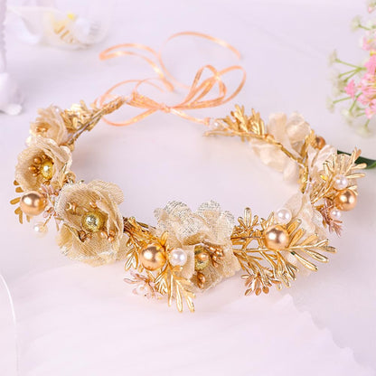 yuruyi Adjustable Flower Crown Headband for Women - Floral Garland Hair Wreath with Crystal Accents Perfect for Weddings Flower Wands Photo Props (Gold Flower Pearl, Adjustable)