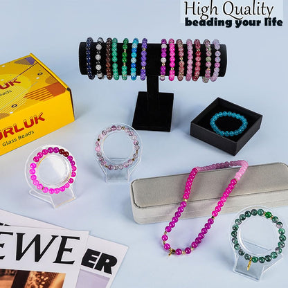 Glass Beads for Jewelry Making, 1300pcs + 8mm 48 Colors Round Crystal Glass Beads Bracelet Making Kit, Bead Starter Kit for Birthday Holiday Art Crafts Gifts