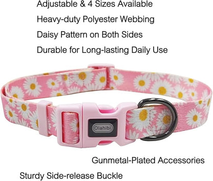Dog Collar Leash Set, Floral Pattern, Polyester Material, Adjustable Collar and 5ft Matchcing Leash, for Puppy Dogs.(XS, Light Pink Daisy)