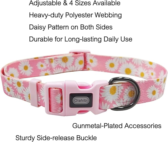 Dog Collar Leash Set, Floral Pattern, Polyester Material, Adjustable Collar and 5ft Matchcing Leash, for Small Dogs.(S, Light Pink Daisy)