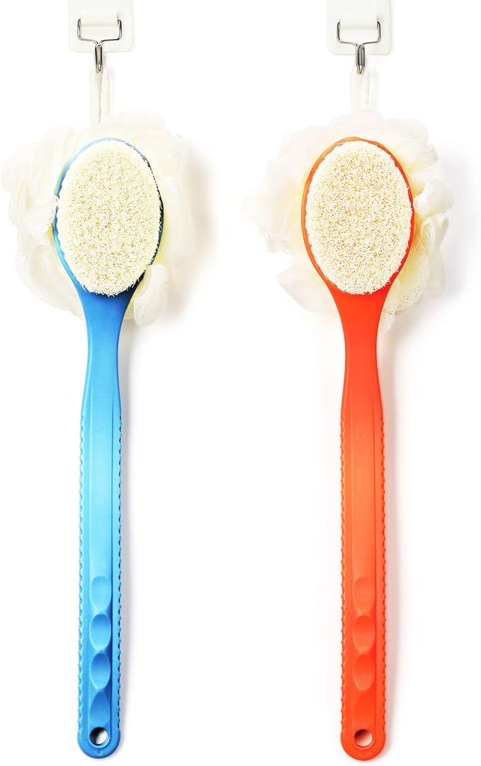 Shower Body Brush with Bristles and Loofah,Back Scrubber Bath Mesh Sponge with Curved Long Handle for Skin Exfoliating Bath, Massage Bristles Suitable for Wet or Dry, Men and Women (Grey)