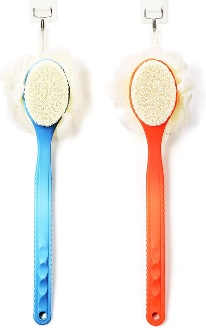 Shower Body Brush with Bristles and Loofah,Back Scrubber Bath Mesh Sponge with Curved Long Handle for Skin Exfoliating Bath, Massage Bristles Suitable for Wet or Dry, Men and Women (Black)