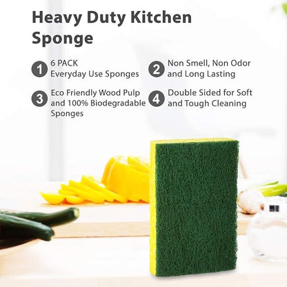 SCRUBIT Heavy Duty Scrub Sponges - Dishwashing Sponge Along with A Tough Scouring Pad - Ideal for Cleaning Kitchen, Dishes, Bathroom - Yellow - 24 Dish sponges