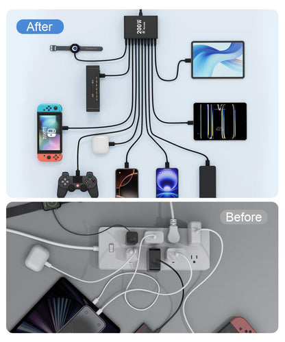 USB C Charging Station 10 Port with 4 Cables,200W GaN Type C Charger Block,Wall Charger Power Strip Adapter Plug for iPad iPhone17 16 15 14 13 12 Pro Max Pixel Note Galaxy