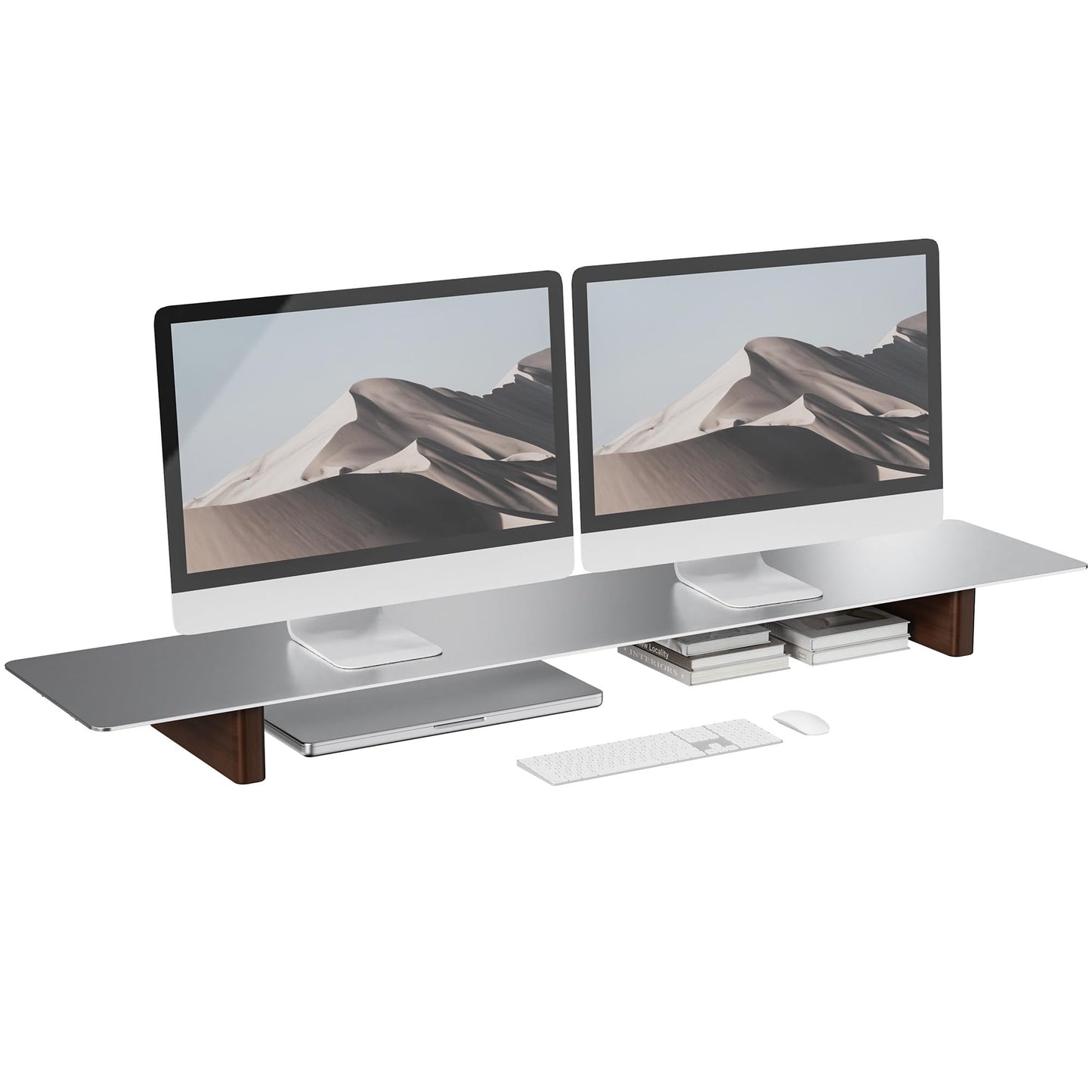 CHENOMiNL Aluminum Dual Monitor Stand Riser, Ergonomic Desktop Shelf with Wooden Legs - 42.5” Wide Heavy Duty Computer Stand for Home Office, Desktop Monitor Riser for PC, iMac, MacBook, Laptop
