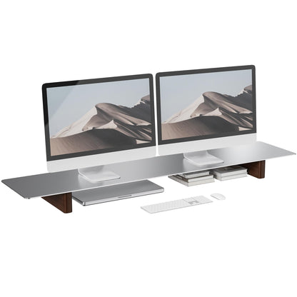 CHENOMiNL Aluminum Dual Monitor Stand Riser, Ergonomic Desktop Shelf with Wooden Legs - 42.5” Wide Heavy Duty Computer Stand for Home Office, Desktop Monitor Riser for PC, iMac, MacBook, Laptop
