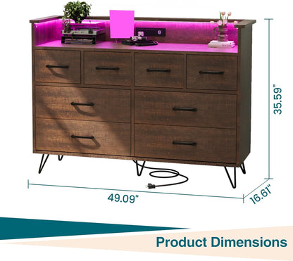 Hetoy Wooden Dressers for Bedroom with 8 Storge Drawers & LED Lights and Charging Station, Brown Wood Chest of Drawers, Modern Deep Drawers Organizer for Closet, Living Room Hallway, Entryway