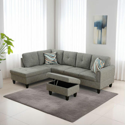 UOCFYK Grey-2 L-Shaped 3-Piece Linen Sofa with Storage Ottoman Set, Sectional Couch Sofa Set for Living Room, Office, Small Space