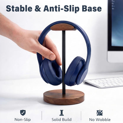 MTKITDER Wood & Metal Headphone Stand, Headset Holder for Desk, Desktop Gaming Headphone Hanger with Stable Non-Slip Bamboo Base, Universal Earphone Stand for Gaming, Office, Home, Gift