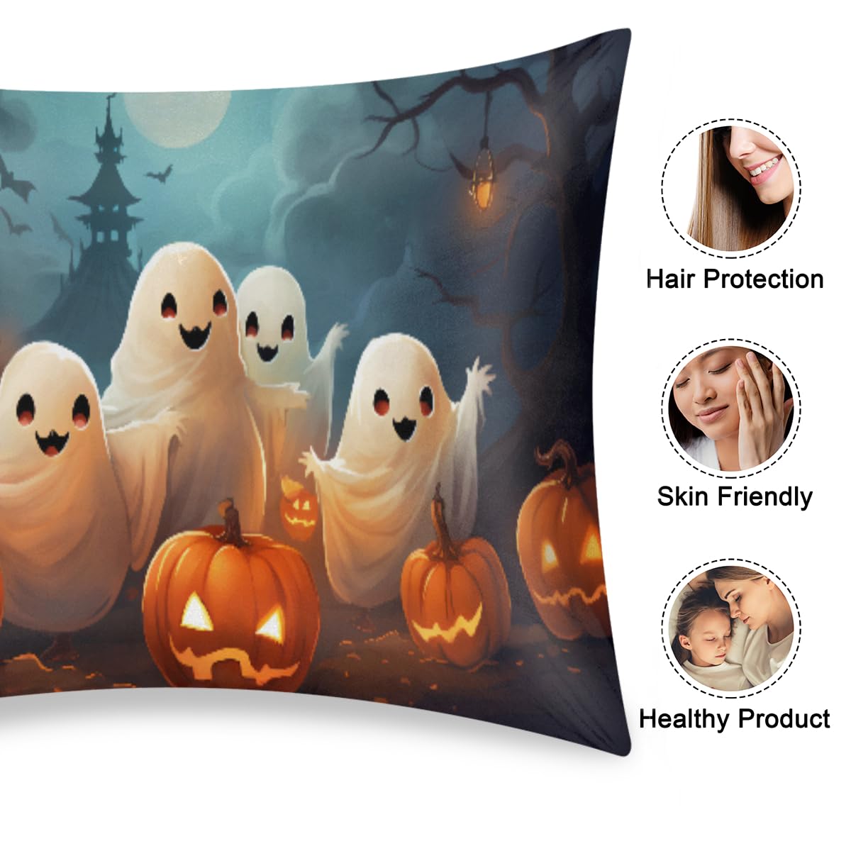 Halloween Satin Silk Pillowcase for Hair and Skin Halloween Ghosts Pillow Cases Standard Size Soft Silk Pillow Case with Envelope Closure Satin Cooling Pillow Covers (20x26 in) 1 Pack