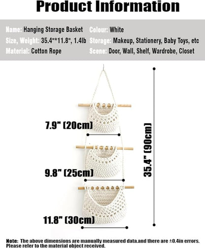 AARAINBOW Wall Cotton Hanging Baskets, Large 3 Tier Decorative Wall Basket