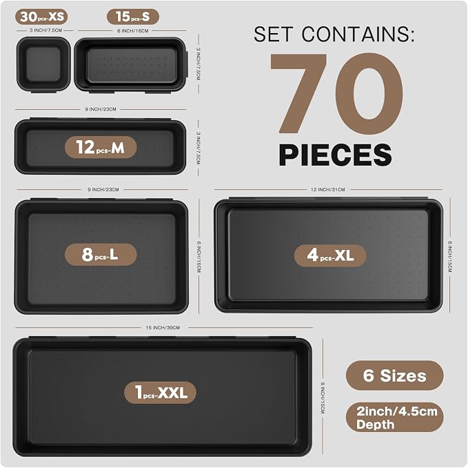A-LuGei 【70PCS & 6Sizes】 Clear Drawer Organizer,【Hold 277 Items】 Makeup Organizer, Bathroom Organizers and Storage, Organization and Storage, Organizer Bins for Office Vanity Kitchen Tool Trays
