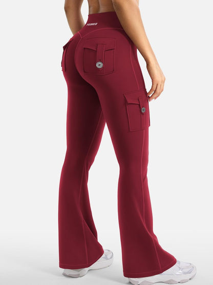 YEOREO CoreFlex Women Workout Flare Leggings with Pockets Hidden Scrunch High Waisted Cargo Gym Yoga No Front Seam Leggings (Wine, Medium, 30" Inseam)