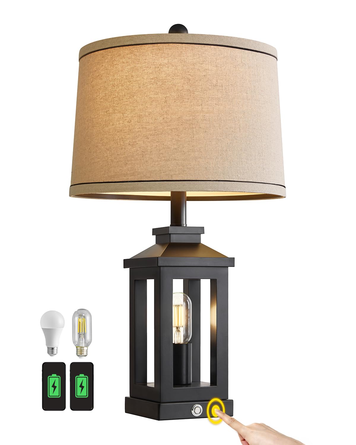 G-SAFAVA 23.75" Retro Farmhouse Black Table Lamp for Living Room Bedroom Nightstand Single Pack Touch Control Bedside Nightlight Vintage Modern Lamp with USB C+A Ports and 2 Light Sources