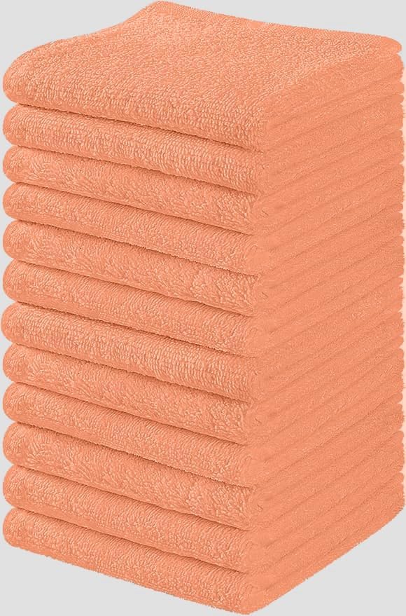 Towel and Linen Mart 100% Cotton - 12 Pack Wash Cloth Set - Flannel Face Cloths, Highly Absorbent and Soft Feel Fingertip Towels (Coral, Pack of 12)