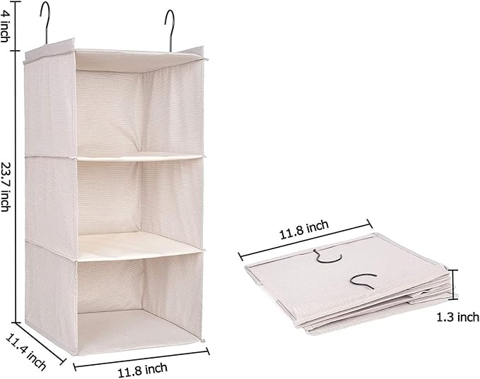 Hanging Closet Organizer 3-Tier, Oxford Wardrobe Storage, Beige Houndstooth | Easy-mount foldable design holds clothes, handbags, shoes & accessories; washable Oxford fabric, sturdy and space-saving.