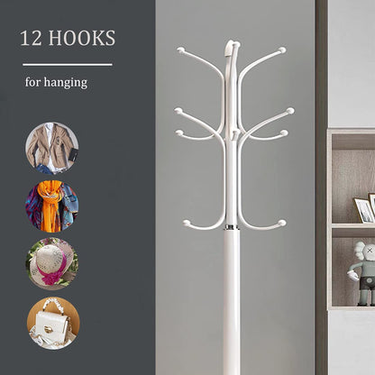 Kertnic Freestanding Coat Rack Stand, Heavy Duty Metal Hall Tree with 12 Hooks, 70 Inch Tall Stable Coat Hanger with 14.6" Natural Marble Base, Entryway Organizer for Coats Bags Hats Purses (White)