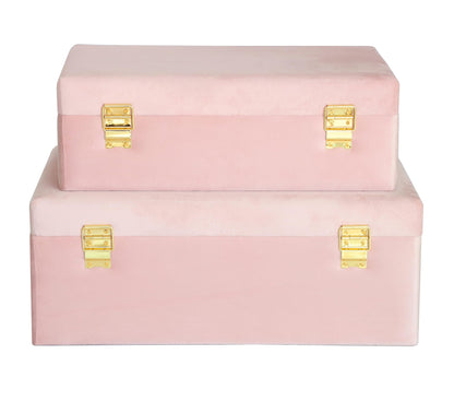 HofferRuffer Velvet Storage Trunks with Wood Frame, Set of 2 Storage Chests with Handles, Bedroom Organizer Nesting Upholstered Decorative Boxes Hinged Lid with Gold Hardware Accents (Pink Trunks)