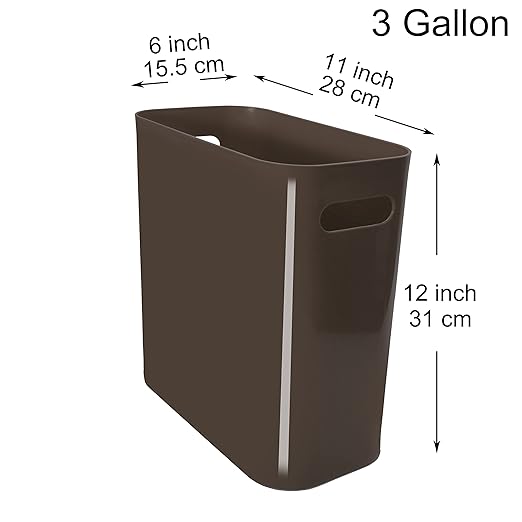 Youngever 2 Pack 3 Gallon Slim Trash Can, Plastic Garbage Container Bin, Trash Bin with Handles for Home Office, Living Room, Study Room, Kitchen, Bathroom (Brown)