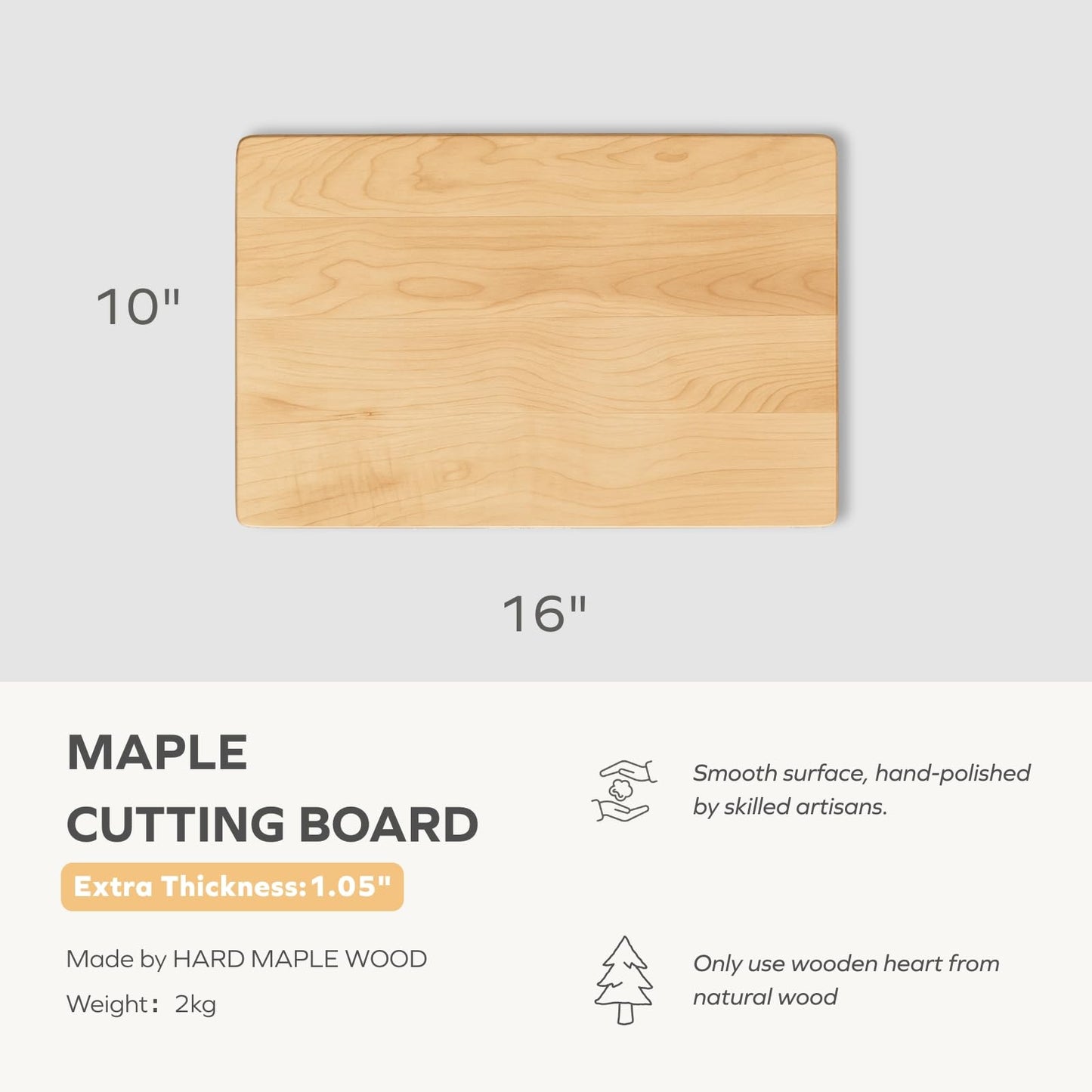 Vandroop Hard Maple Cutting Board for Kitchen 16”X10” – 1.1” Thick, Reversible Wood Cutting Boards with Invisible Inner Handle, Eased Corners, Wooden Chopping Board