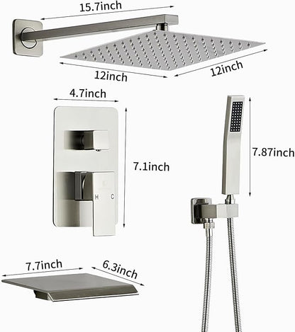 Brushed Nickel Rainfall Shower Faucet Set with Tub Spout 12 Inch, Shower Head and Handle with 2 Hooks for Bathroom Rain Shower and Handheld Shower System Square Wall Mount