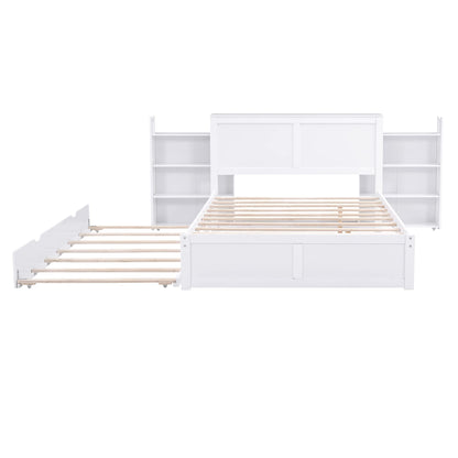 Merax Full Size Storage Platform Bed with Pull Out Shelves and Twin Size Trundle, Wooden Bed Frame with Storage Headboard for Bedroom, No Box Spring Needed