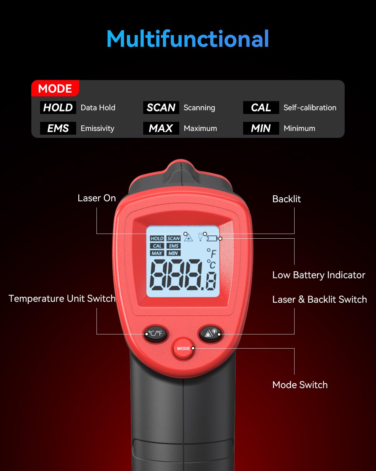 Wintact Infrared Thermometer Temperature Gun -58℉ to 986℉, Digital IR Heat Surface Temp Gun, Non-Contact Laser Thermal Gun for Cooking Food, BBQ, Pizza Oven, Grill, Griddle Accessories