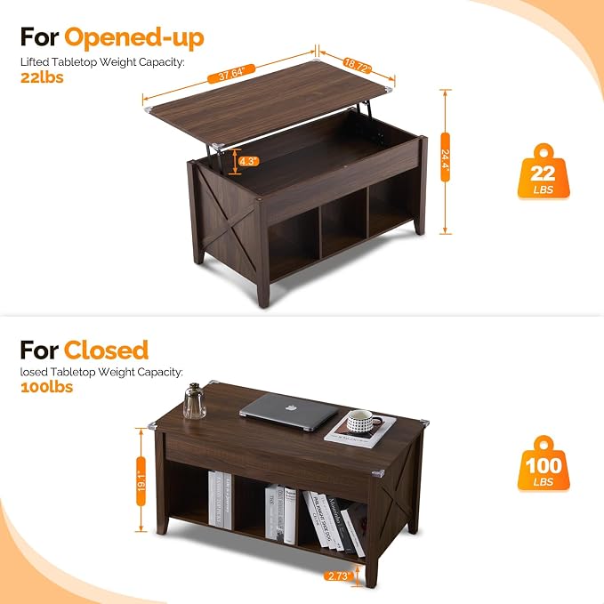 VINGLI Farmhouse Lift Top Coffee Table, Coffee Tables for Living Room with Storage Shelf/Hidden Compartment, Mesa De Centro para Sala, Rustic Brown