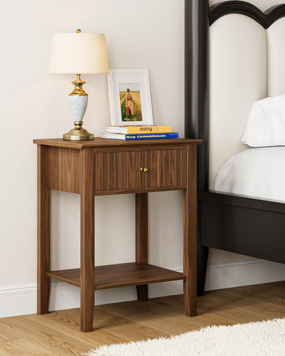 Apetaccat Fluted Nightstand, Farmhouse Night Stand with 1 Drawers, Mid Century Modern Side Accent Table,Bedside End Table for Bedroom, Living Room, Brown