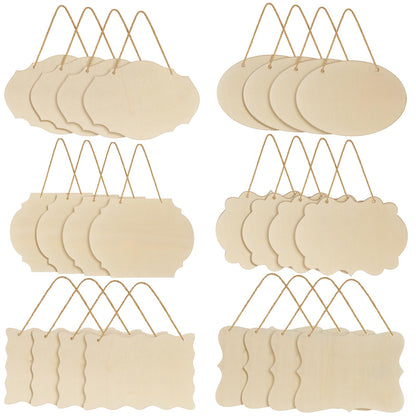 Jetec 24 Pcs Unfinished Hanging Wood Sign, Rectangular Wood Blank Plaque with Rope for Pyrography, Painting, Writing, Decoration, DIY Craft, 6 Designs