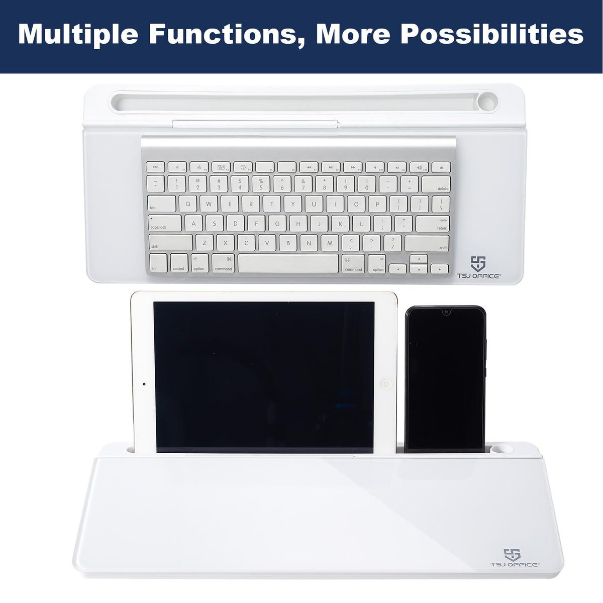 TSJ OFFICE Small Desktop Whiteboard -Glass Dry Erase Board Computer Keyboard Stand White Board Surface Pad with Drawer, Desk Organizers with Accessories for Office, Home, School Supplies - White
