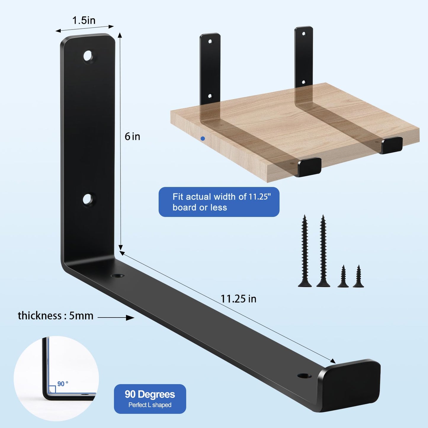 12 inch Shelf Brackets for DIY Floating Shelf, 1/5 inch Thick Heavy Duty Floating Shelf Bracket, Fit for Home, Kitchen, Bathroom, Garage, Living Room, 6-Pack Black, 11.25” x 6” x 1.5”