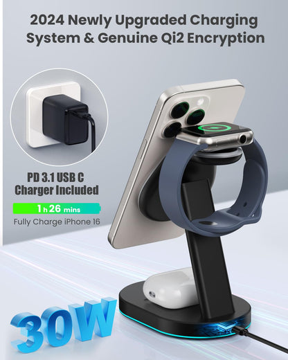 3 in 1 Wireless Charger Charging Station for iPhone,Qi2 Certified 15W Magnetic Charging Stand for Mag-Safe with 30W USB C Adapter&Friendly Night Light for iPhone 17/16/15/14/13/12,Apple Watch,AirPods