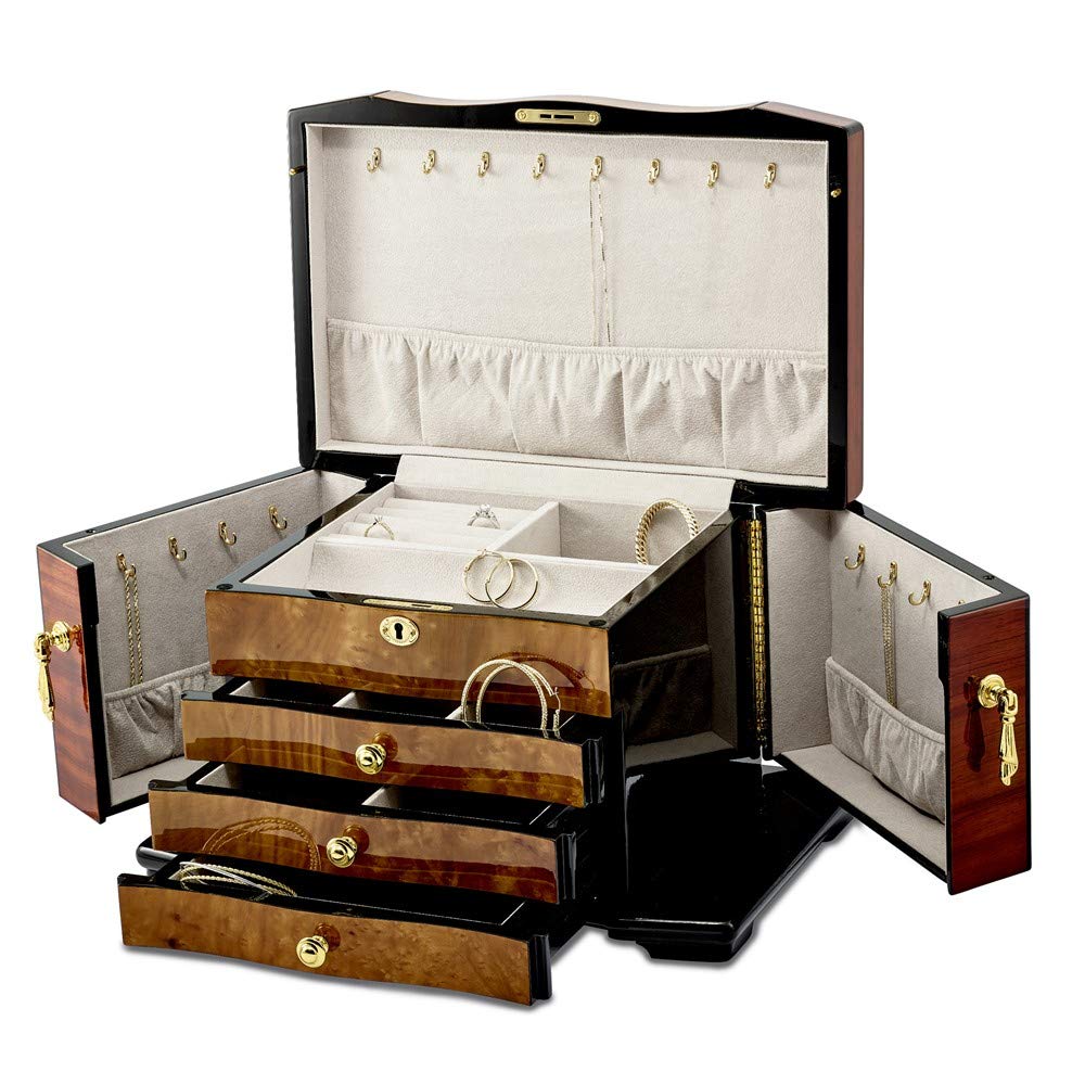 Bubinga w/Elm Burl Inlay 3 Drawer with Swing-Out Sides Jewelry Box
