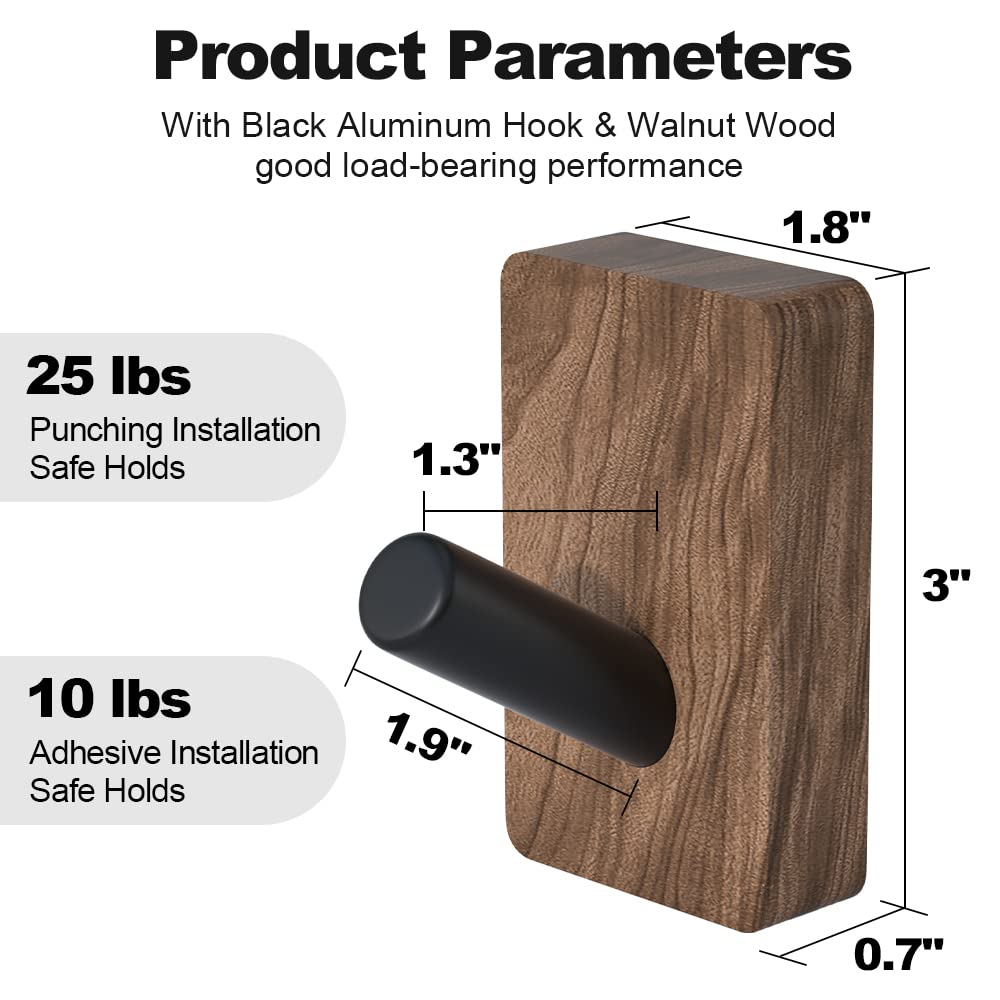 IURRDOP 4 PCS Black Walnut Wood Wall Hooks, Adhesive Mounted & Wall Mounted Rustic Decorative Entryway Hooks, Mid Century Modern Natural Wooden Pegs for Hanging Coat Clothes Hat Bag Purse and Towel