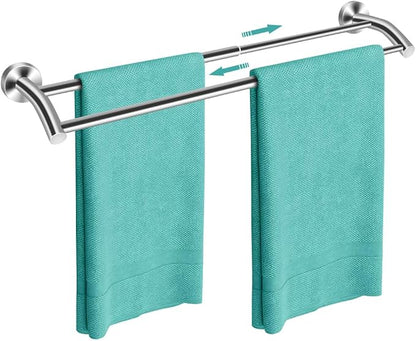 MGahyi Adjustable Double Towel Bar 14.5-24.8Inch, Matte Telescopic Stainless Steel Wall Mount Towel Holder, Rustproof Towel Rack for Bathroom Kitchen RV Laundry Hotel (Silver, Double-Bar)