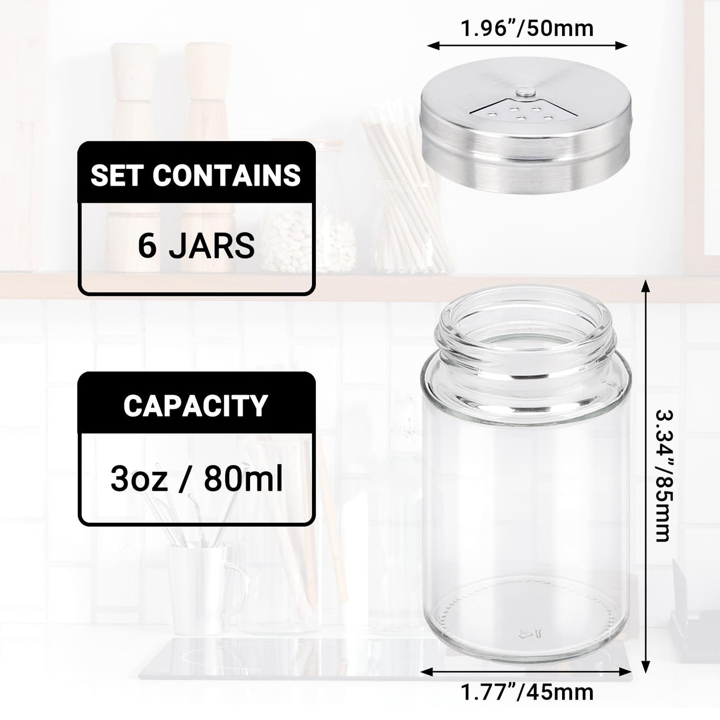 Segarty Spice Jars, 6 Pack 3 oz Spice Bottles with Shaker Lids, Glass Empty Storage Containers with Adjustable Stainless Steel Flow Top for Your Regularly Used Spices