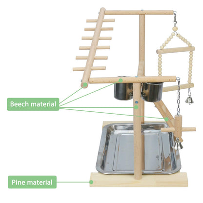 Ibnotuiy Parrot Playstand Bird Playground Birdcage Wood Perch Stand Ladder Swing with with Feeder Cups Birds Play Gym Cockatiel Playground Include Hanging Bell Swing Ladders